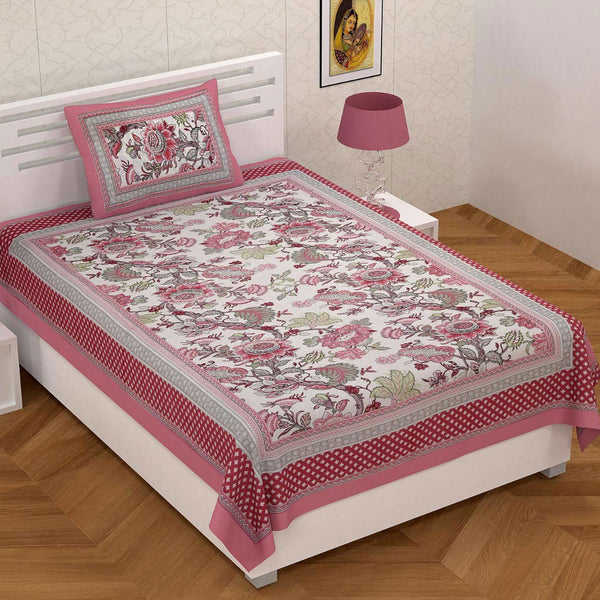 Ethnic Floral 100% Cotton Bedsheet for Single Bed with 1 Pillow Cover | 240 TC Premium Traditional Rajasthani Jaipuri Flat Bed Sheet (60