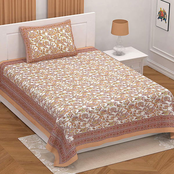 Ethnic Floral 100% Cotton Bedsheet for Single Bed with 1 Pillow Cover | 240 TC Premium Traditional Rajasthani Jaipuri Flat Bed Sheet (60” x 90” ) - EasyGoods India
