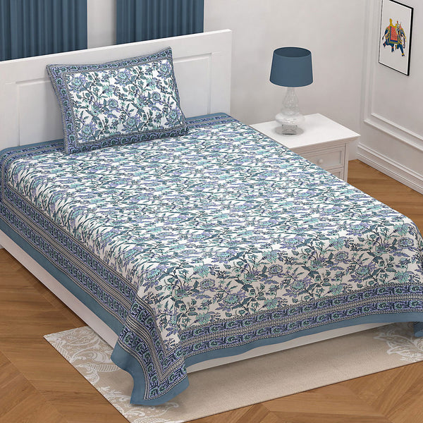 Ethnic Floral 100% Cotton Bedsheet for Single Bed with 1 Pillow Cover | 240 TC Premium Traditional Rajasthani Jaipuri Flat Bed Sheet (60” x 90”, Blue ) - EasyGoods India