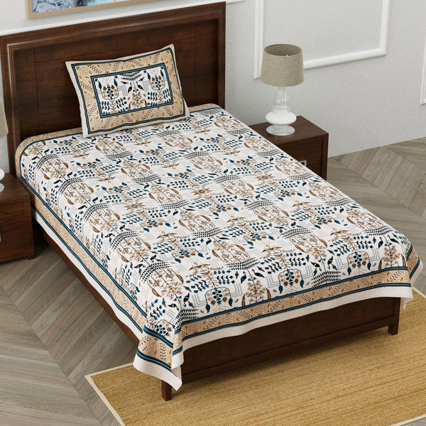 Monarch 100% Pure Cotton Rajasthani Jaipuri Sanganeri Print Single Bedsheet with 1 Pillow Cover | 240 TC Premium Printed Flat Bed Sheet (60