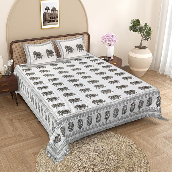 Sanganeri Hand Block Print Cotton Bedsheet Set, likely a King Size, featuring a traditional block print design, possibly with elephant motifs.