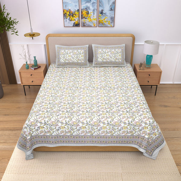 Coloursblock Floral Print Cotton King Size Bedsheet Set with 2 Pillow Covers