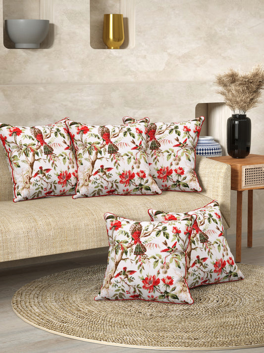 Off White Bird Red Anokhi Cotton Cushion Covers - 16x16 Inches