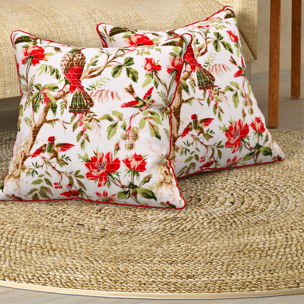 Off White Bird Red Anokhi Cotton Cushion Covers - 16x16 Inches