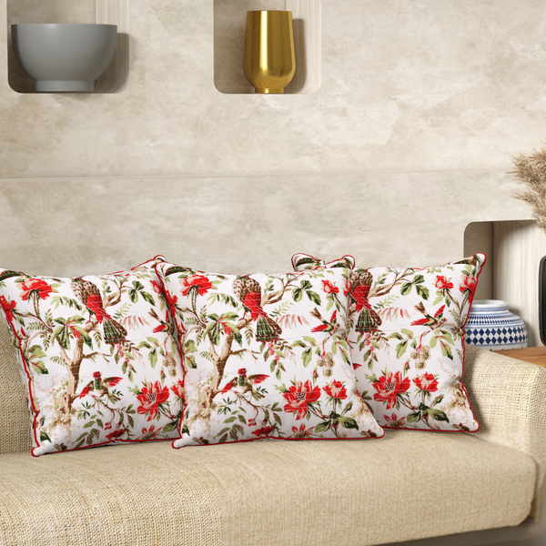 Off White Bird Red Anokhi Cotton Cushion Covers - 16x16 Inches