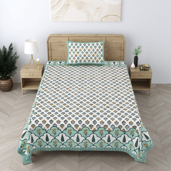 240 TC 100% Cotton Heritage Single Bedsheet With 1 Pillow Cover(Ajark Blue) - EasyGoods India