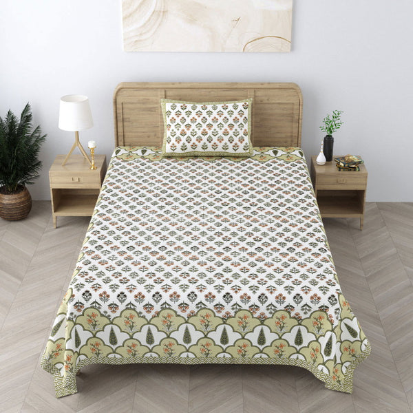 240 TC 100% Cotton Heritage Single Bedsheet With 1 Pillow Cover(Ajark Olive) - EasyGoods India