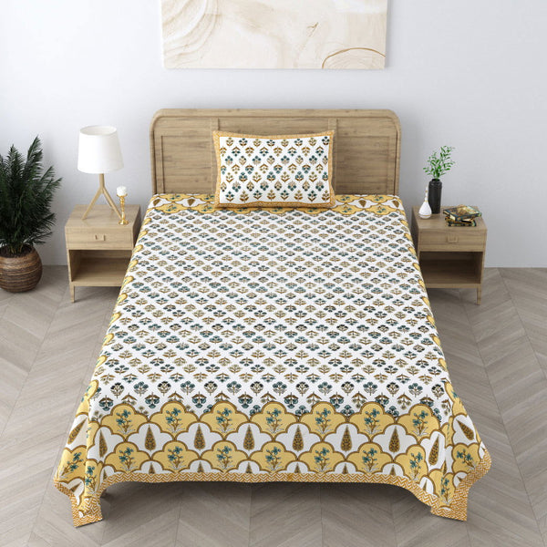 240 TC 100% Cotton Heritage Single Bedsheet With 1 Pillow Cover(Ajark Yellow) - EasyGoods India