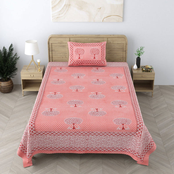 240 TC 100% Cotton Heritage Single Bedsheet With 1 Pillow Cover(Bonsai Pink) - EasyGoods India