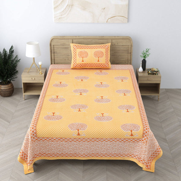 240 TC 100% Cotton Heritage Single Bedsheet With 1 Pillow Cover(Bonsai Yellow) - EasyGoods India