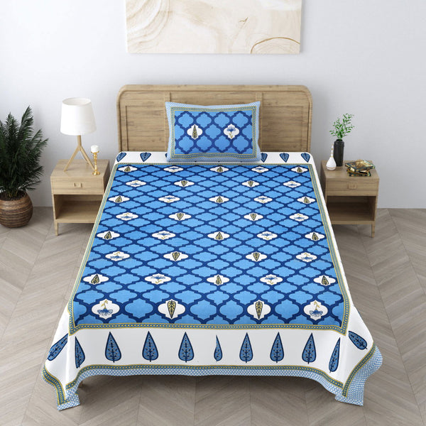 240 TC 100% Cotton Heritage Single Bedsheet With 1 Pillow Cover(Damask Blue) - EasyGoods India