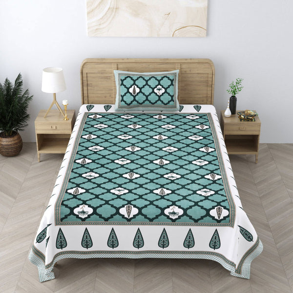 240 TC 100% Cotton Heritage Single Bedsheet With 1 Pillow Cover(Damask Sea Green) - EasyGoods India