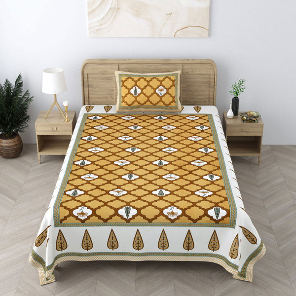 240 TC 100% Cotton Heritage Single Bedsheet With 1 Pillow Cover(Damask Yellow) - EasyGoods India
