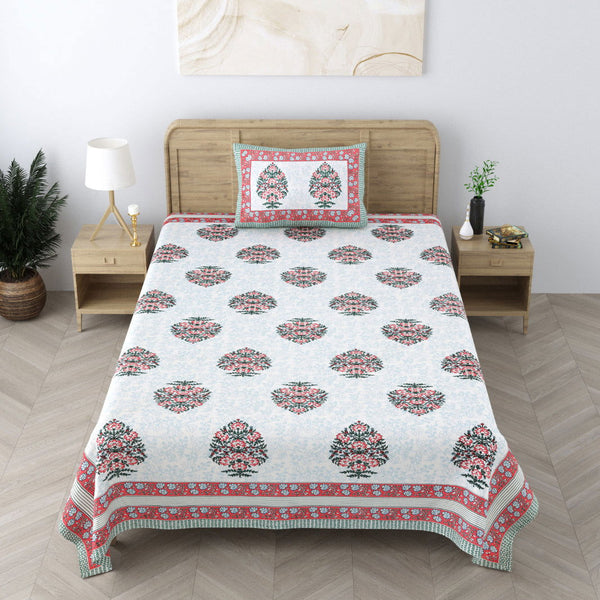 240 TC 100% Cotton Heritage Single Bedsheet With 1 Pillow Cover(Floral Blue) - EasyGoods India