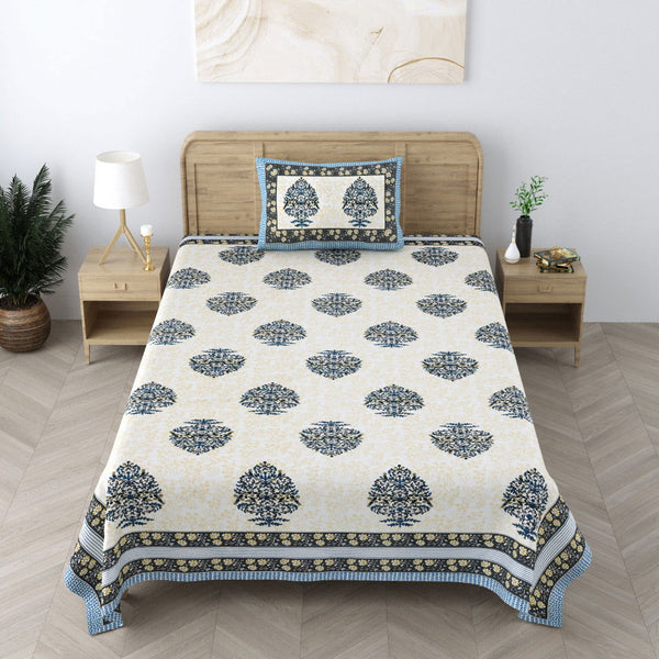240 TC 100% Cotton Heritage Single Bedsheet With 1 Pillow Cover(Floral Cream) - EasyGoods India