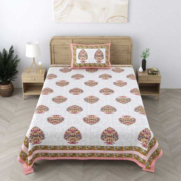 240 TC 100% Cotton Heritage Single Bedsheet With 1 Pillow Cover(Floral Grey) - EasyGoods India