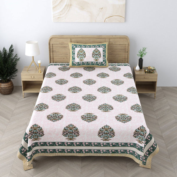 240 TC 100% Cotton Heritage Single Bedsheet With 1 Pillow Cover(Floral Pink) - EasyGoods India