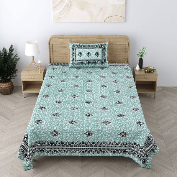 240 TC 100% Cotton Heritage Single Bedsheet With 1 Pillow Cover(Sea Green) - EasyGoods India