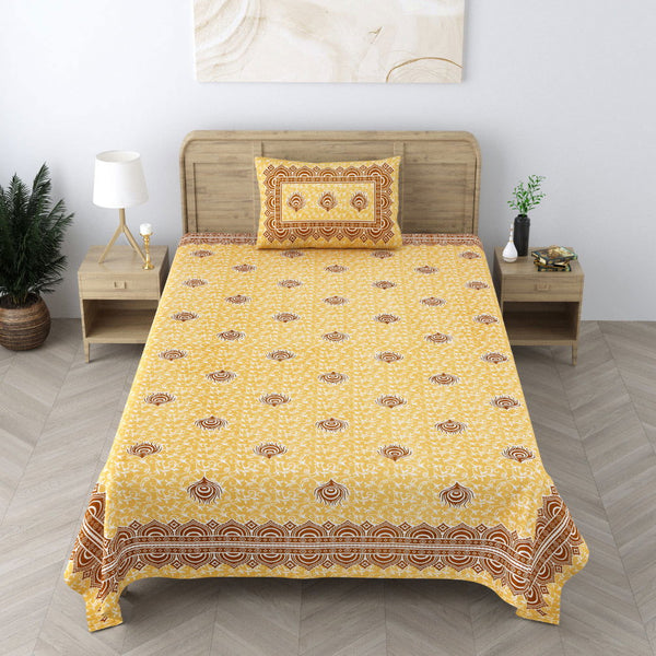 240 TC 100% Cotton Heritage Single Bedsheet With 1 Pillow Cover(Yellow) - EasyGoods India