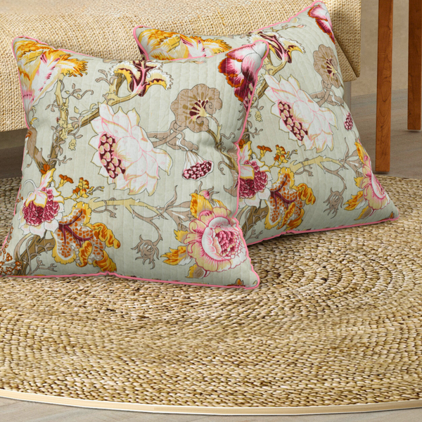 Floral Olive Anokhi Cotton Cushion Covers - 16x16 Inches