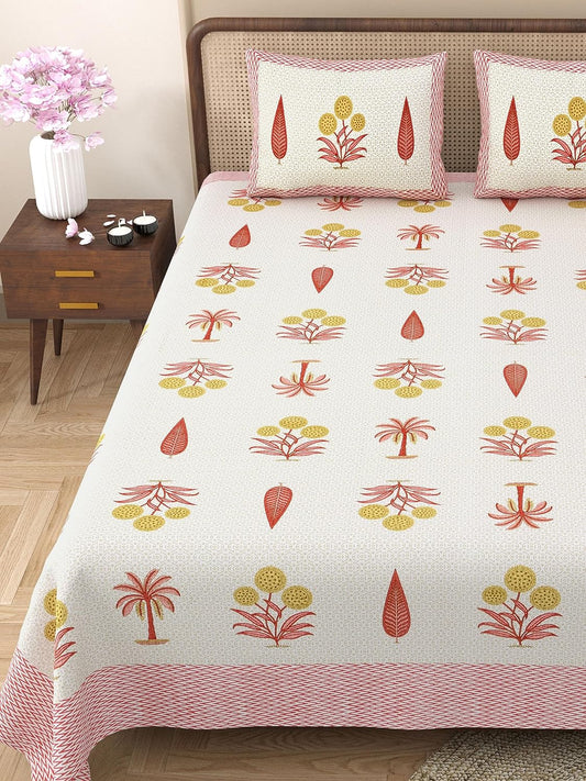 Gulmohar Printed Pink Pure Cotton Double Bedsheet with 2 Pillow Covers