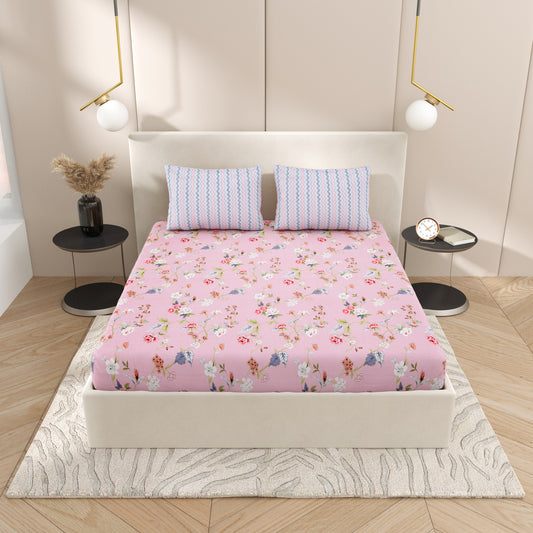 Super Soft Atlanta Floral Bedsheet Double Bed King Size with 2 Pillow Covers | Premium Printed Flat Bed Sheet (9ft x 9ft,Flowery Pink)