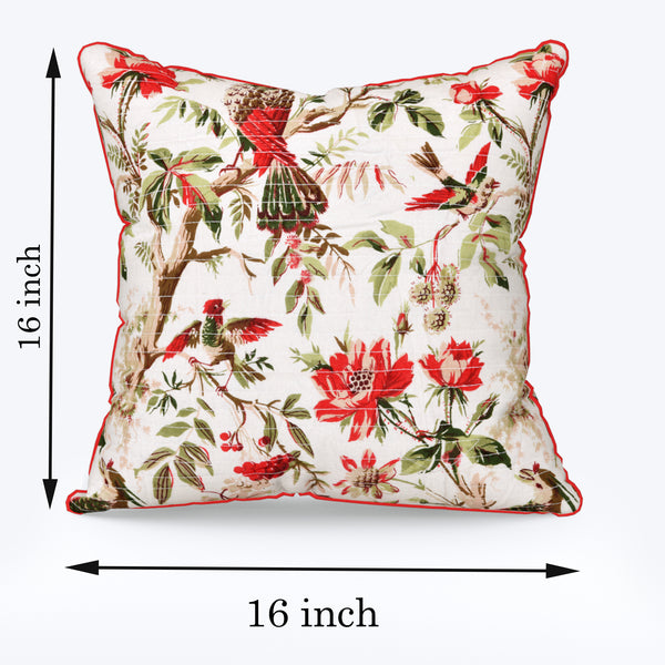 Off White Bird Red Anokhi Cotton Cushion Covers - 16x16 Inches