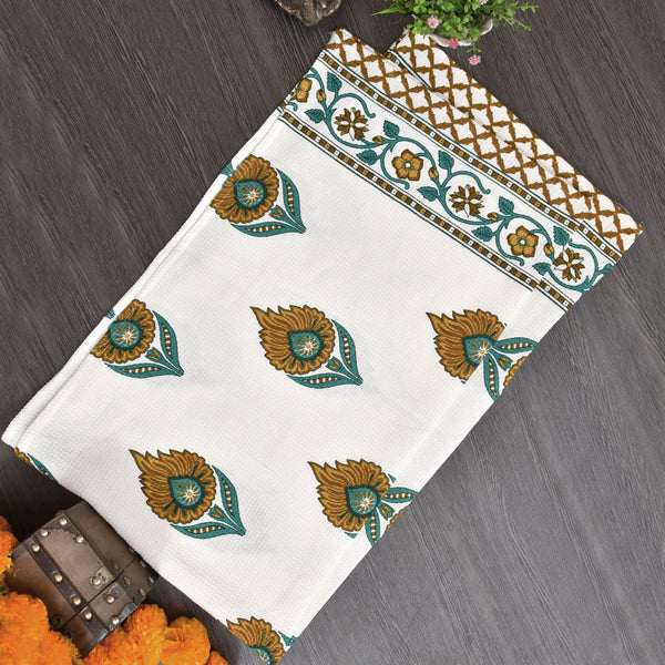 EasyGoods Cotton Hand Block Printed Soft Waffle Fabric Towel Set : 1 Bath Towel and 2 Hand Towel Mustard - EasyGoods India