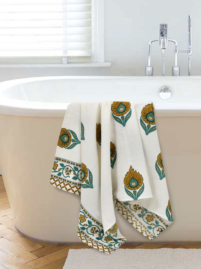 EasyGoods Cotton Hand Block Printed Soft Waffle Fabric Towel Set : 1 Bath Towel and 2 Hand Towel Mustard - EasyGoods India