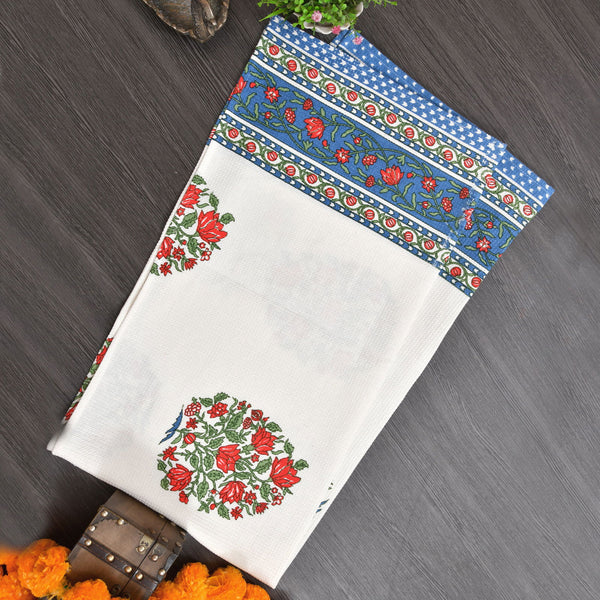 EasyGoods Cotton Hand Block Printed Soft Waffle Fabric Towel Set : 1 Bath Towel and 2 Hand Towel Water Blue - EasyGoods India