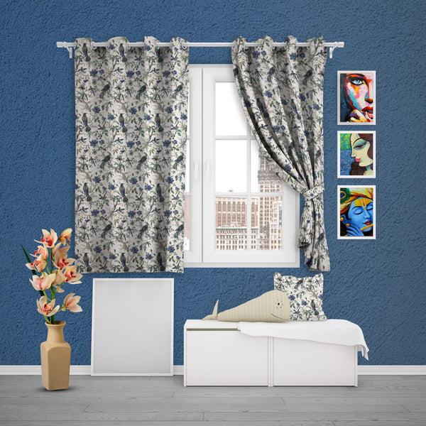 EasyGoods® Premium 240 TC 100% Cotton Anokhi Off White Blue Curtains for Door Windows with Grommets for Living Room Bedroom - EasyGoods India