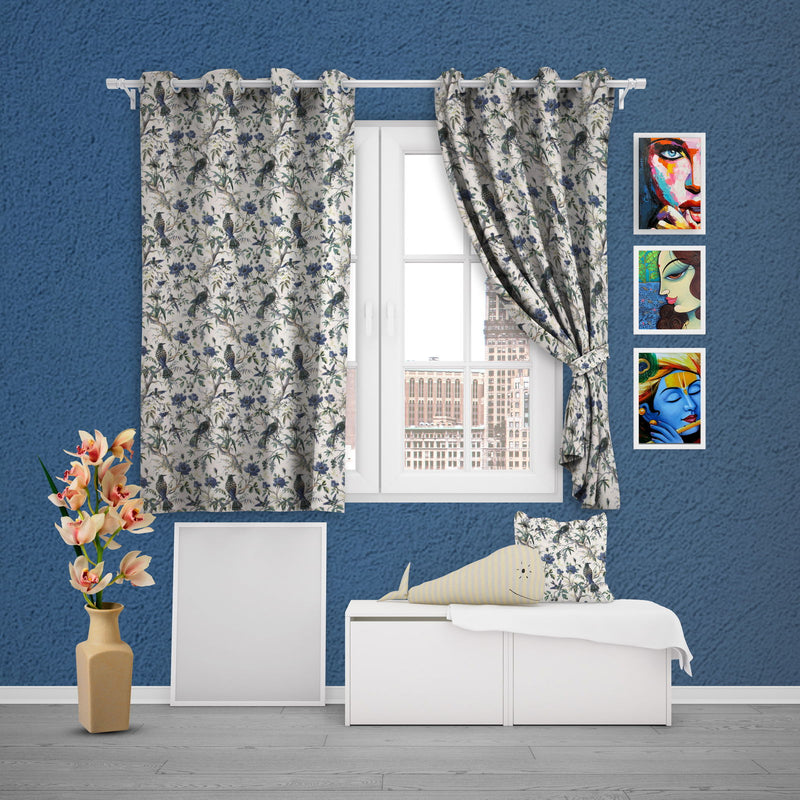 EasyGoods® Premium 240 TC 100% Cotton Anokhi Off White Blue Curtains for Door Windows with Grommets for Living Room Bedroom - EasyGoods India