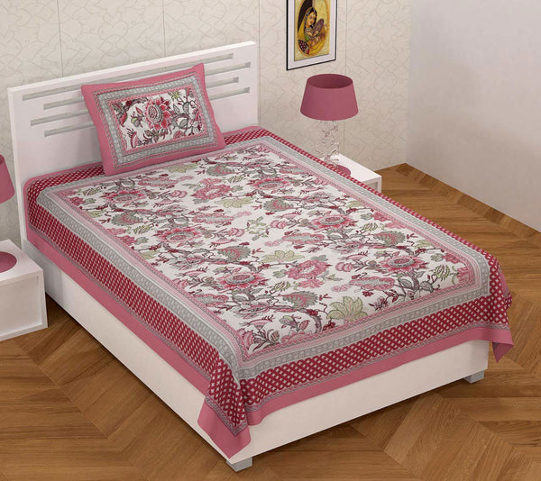 Ethnic Floral 100% Cotton Bedsheet for Single Bed with 1 Pillow Cover | 240 TC Premium Traditional Rajasthani Jaipuri Flat Bed Sheet (60