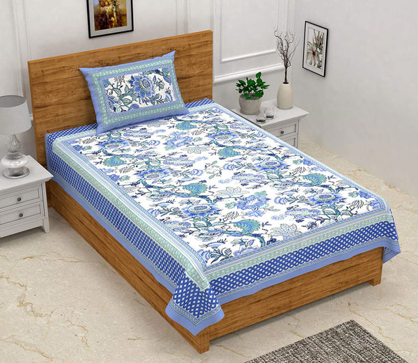 Ethnic Floral 100% Cotton Bedsheet for Single Bed with 1 Pillow Cover | 240 TC Premium Traditional Rajasthani Jaipuri Flat Bed Sheet (60