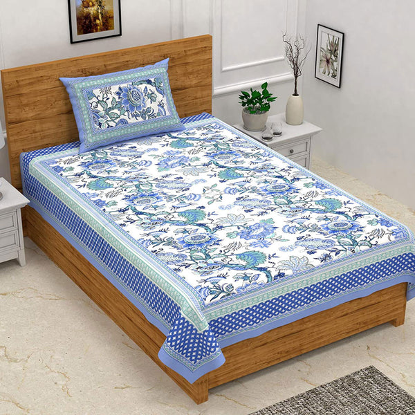 Ethnic Floral 100% Cotton Bedsheet for Single Bed with 1 Pillow Cover | 240 TC Premium Traditional Rajasthani Jaipuri Flat Bed Sheet (60