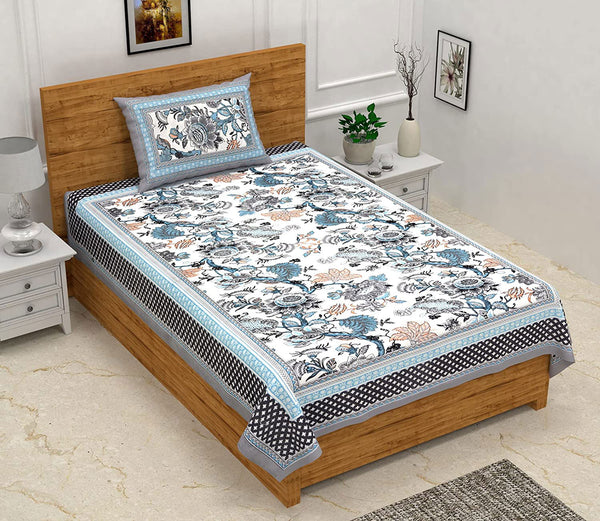 Ethnic Floral 100% Cotton Bedsheet for Single Bed with 1 Pillow Cover | 240 TC Premium Traditional Rajasthani Jaipuri Flat Bed Sheet (60