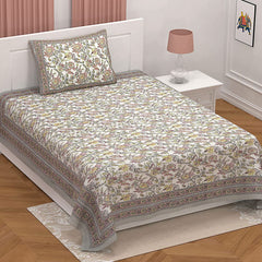Ethnic Floral 100% Cotton Bedsheet for Single Bed with 1 Pillow Cover | 240 TC Premium Traditional Rajasthani Jaipuri Flat Bed Sheet (60