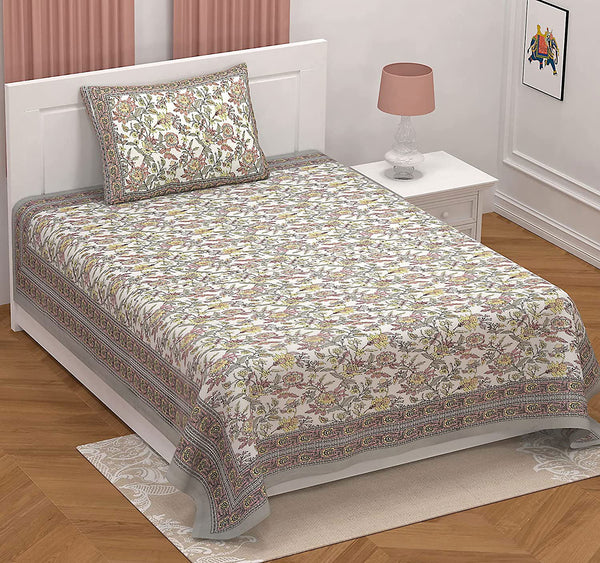 Ethnic Floral 100% Cotton Bedsheet for Single Bed with 1 Pillow Cover | 240 TC Premium Traditional Rajasthani Jaipuri Flat Bed Sheet (60
