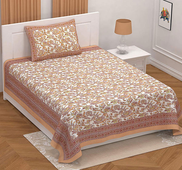 Ethnic Floral 100% Cotton Bedsheet for Single Bed with 1 Pillow Cover | 240 TC Premium Traditional Rajasthani Jaipuri Flat Bed Sheet (60” x 90” ) - EasyGoods India
