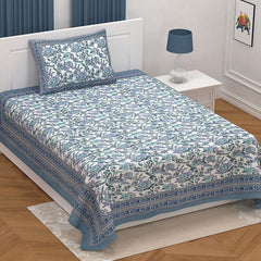 Ethnic Floral 100% Cotton Bedsheet for Single Bed with 1 Pillow Cover | 240 TC Premium Traditional Rajasthani Jaipuri Flat Bed Sheet (60” x 90”, Blue ) - EasyGoods India