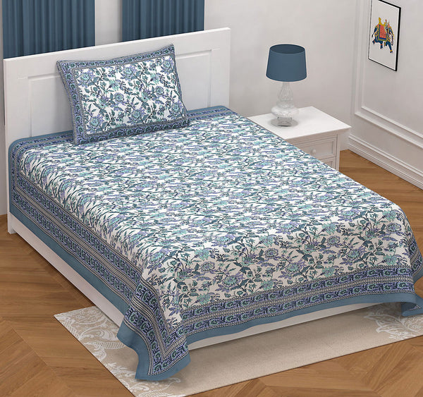 Ethnic Floral 100% Cotton Bedsheet for Single Bed with 1 Pillow Cover | 240 TC Premium Traditional Rajasthani Jaipuri Flat Bed Sheet (60” x 90”, Blue ) - EasyGoods India