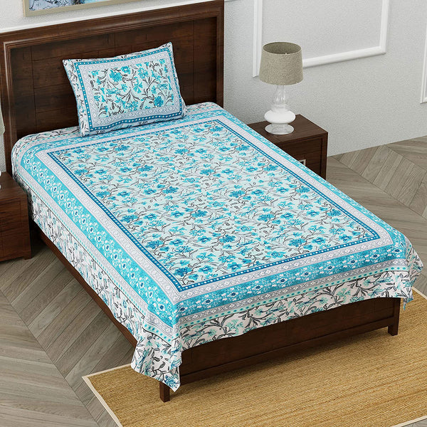 Ethnic Floral 100% Cotton Bedsheet for Single Bed with 1 Pillow Cover | 240 TC Premium Traditional Rajasthani Jaipuri Flat Bed Sheet (60” x 90”, Blue) - EasyGoods India