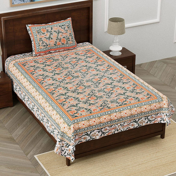 Ethnic Floral 100% Cotton Bedsheet for Single Bed with 1 Pillow Cover | 240 TC Premium Traditional Rajasthani Jaipuri Flat Bed Sheet (60” x 90”, Green) - EasyGoods India