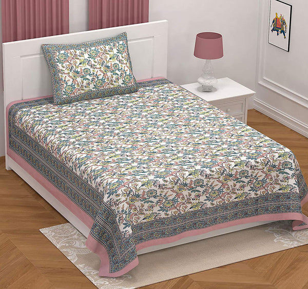 Ethnic Floral 100% Cotton Bedsheet for Single Bed with 1 Pillow Cover | 240 TC Premium Traditional Rajasthani Jaipuri Flat Bed Sheet (60” x 90”, Pink) - EasyGoods India