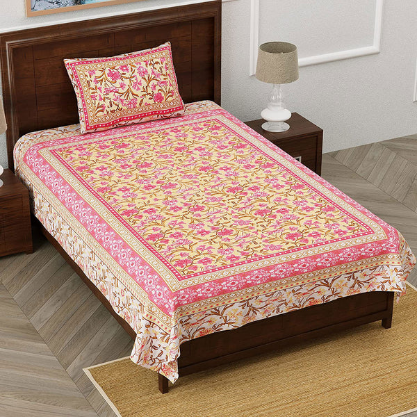 Ethnic Floral 100% Cotton Bedsheet for Single Bed with 1 Pillow Cover | 240 TC Premium Traditional Rajasthani Jaipuri Flat Bed Sheet (60” x 90”, Red) - EasyGoods India