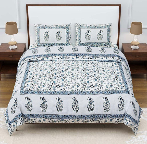 Feather Bloom Blue Monarch King Size Cotton Bedsheet - EasyGoods India
