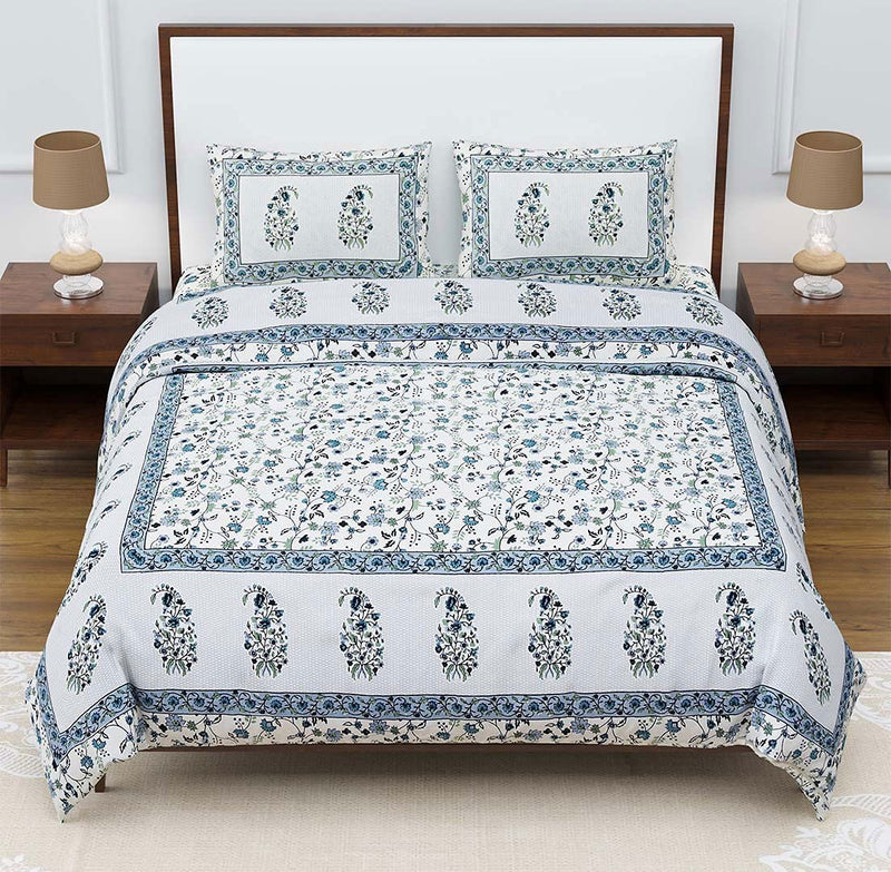 Feather Bloom Blue Monarch King Size Cotton Bedsheet - EasyGoods India