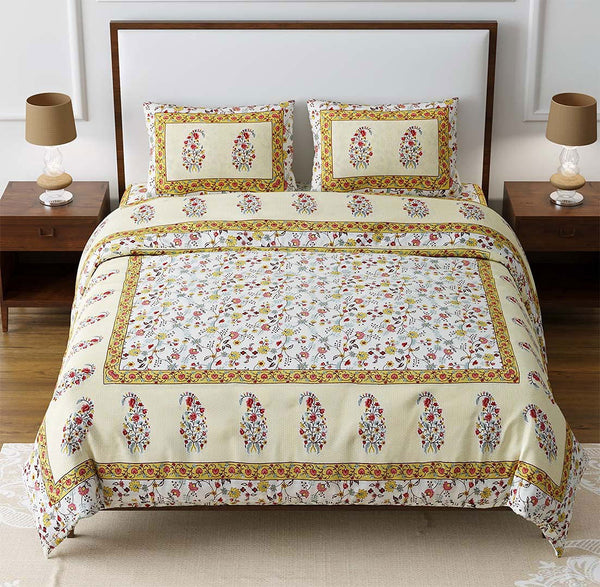 Feather Bloom Yellow Monarch King Size Cotton Bedsheet - EasyGoods India