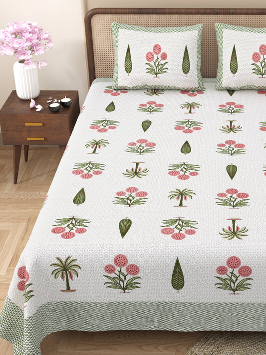 Gulmohar Printed Dark Green Pure Cotton Double Bedsheet with 2 Pillow Covers