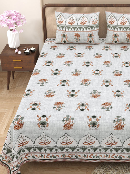 Gulmohar Printed Green Pure Cotton Double Bedsheet with 2 Pillow Covers